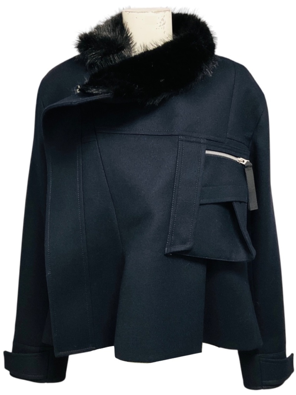 SACAI NAVY BLUE WOOL MELTON BLOUSON JACKET WITH BLACK FAUX FUR TRIM